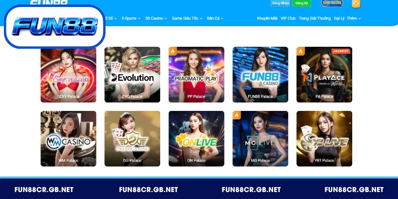 FUN88 liên kết với nhiều nhà cung cấp Casino hàng đầu