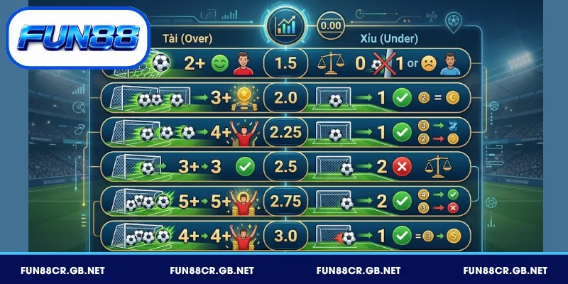 Những mức kèo Tài Xỉu FUN88 thường gặp